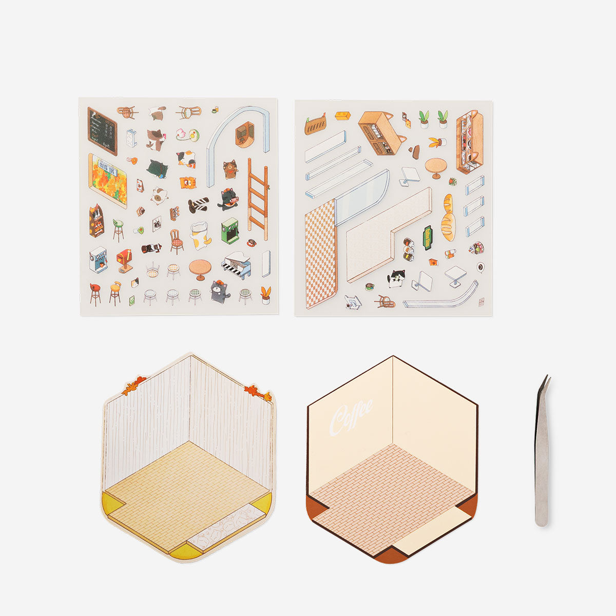3D bakery scene sticker set by Flying Tiger Copenhagen, featuring colorful bakery items and shop elements for hobbies and crafts.