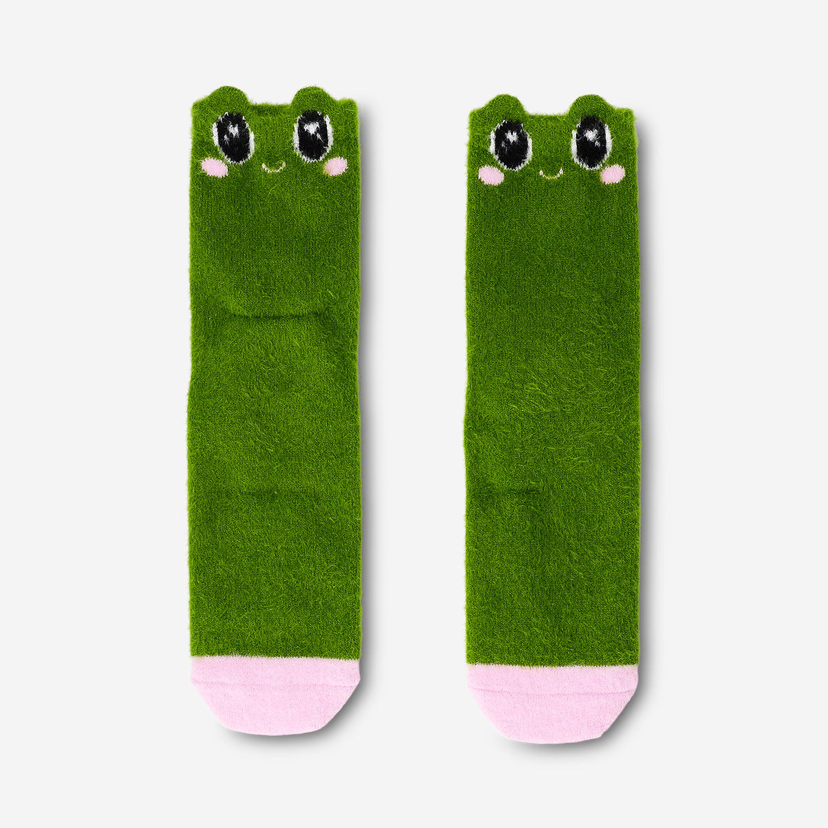 Pair of comfy green frog-themed socks in size 37/38 from Flying Tiger Copenhagen, featuring playful frog designs on soft textile material.