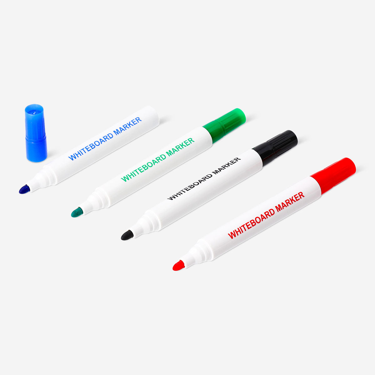 Set of four Flying Tiger Copenhagen whiteboard markers with colorful caps, ideal for office and classroom writing.