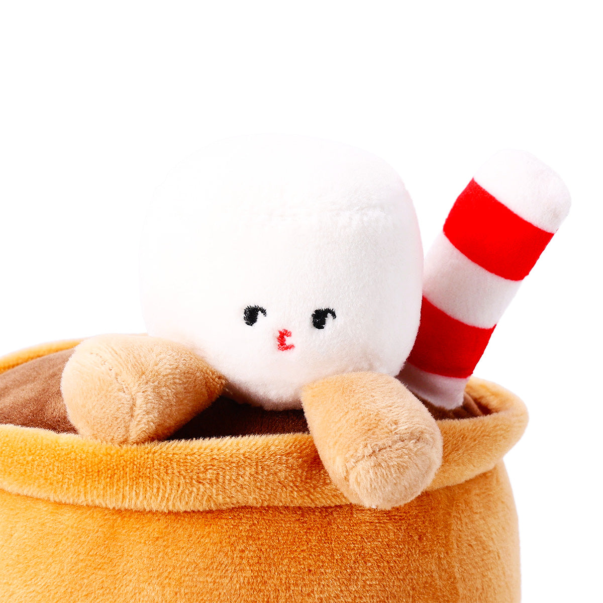 Flying Tiger Copenhagen plush toy hot chocolate drink with a smiling face, soft fabric, and cozy design, perfect for cuddling.