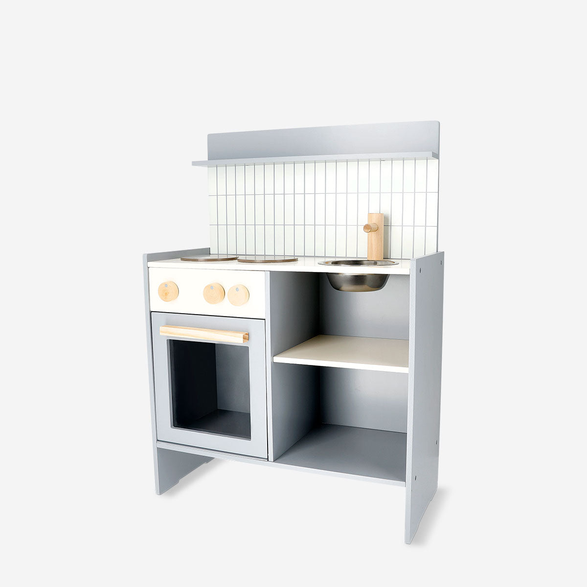 Wooden toy play kitchen by Flying Tiger Copenhagen with stove, sink, and storage, measuring 70x50 cm, ideal for imaginative play.