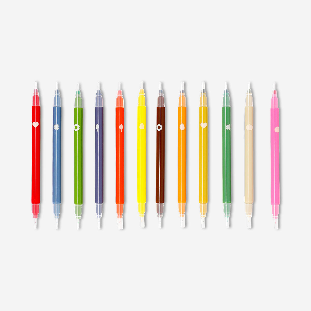 Set of 12 Flying Tiger Copenhagen dual-tip markers with fineliners and stamp tips for office and craft use, colorful and versatile.