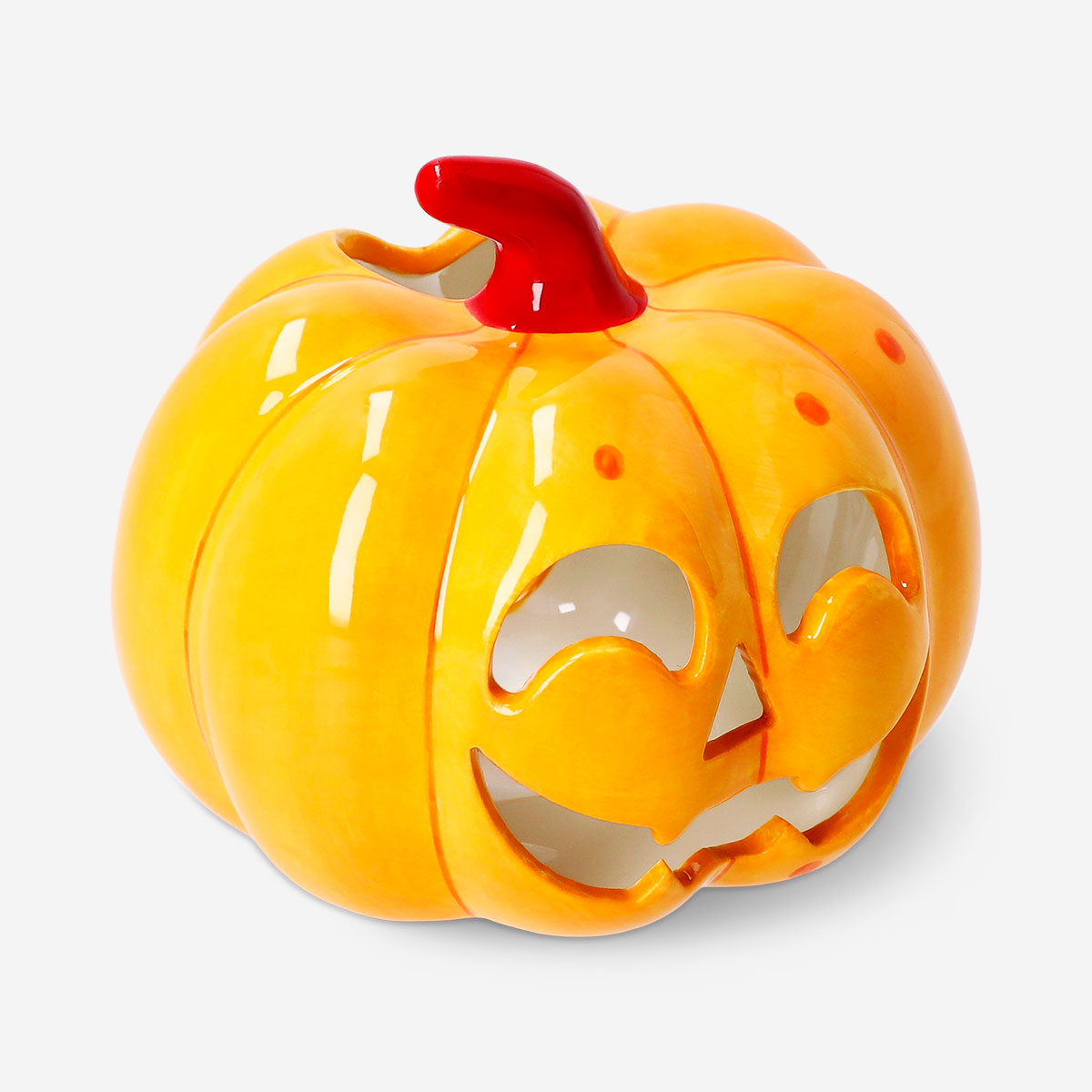 Flying Tiger Copenhagen LED pumpkin candle holder, 14 cm tall, with warm glowing light and carved pumpkin design for home decor.