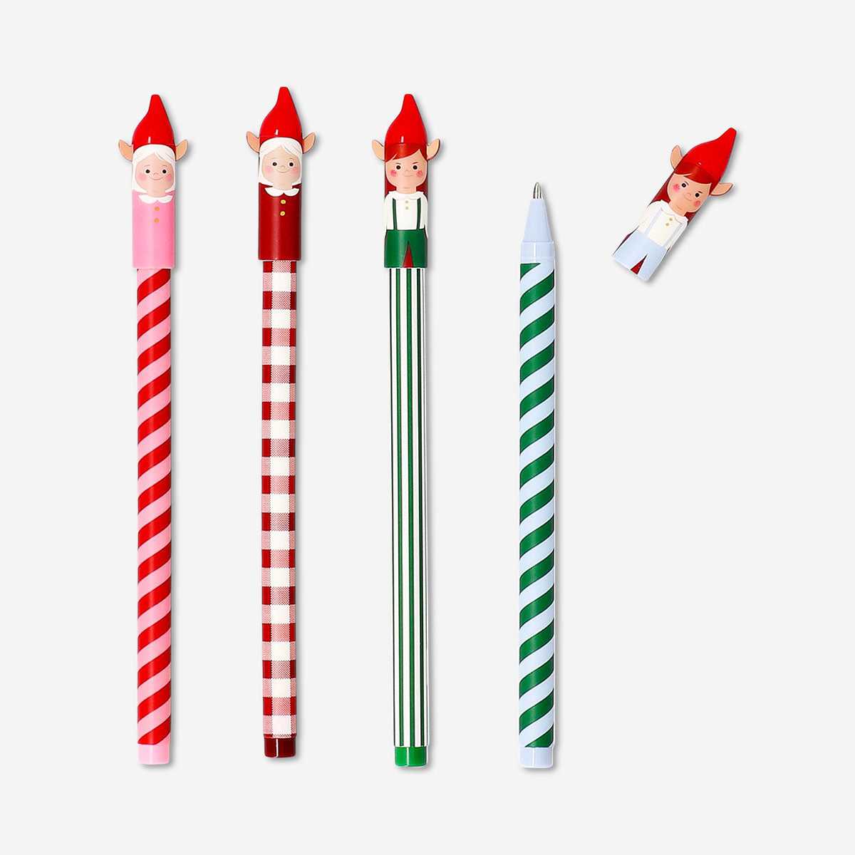 Set of 4 Glitter gel pens with whimsical elf topper designs, perfect for office or craft use by Flying Tiger Copenhagen.