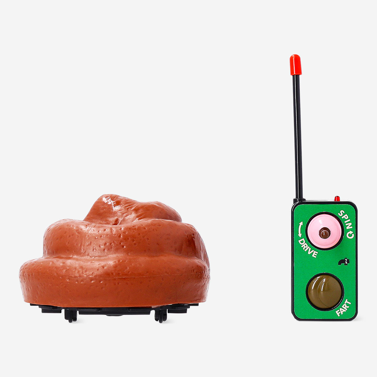 Remote-controlled poo gadget from Flying Tiger Copenhagen, featuring a humorous animated depiction of a brown cartoon-style poo.
