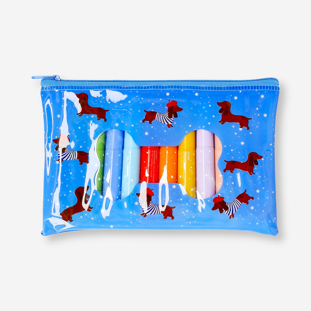 Set of 12 colorful office markers in a playful sausage dog container by Flying Tiger Copenhagen