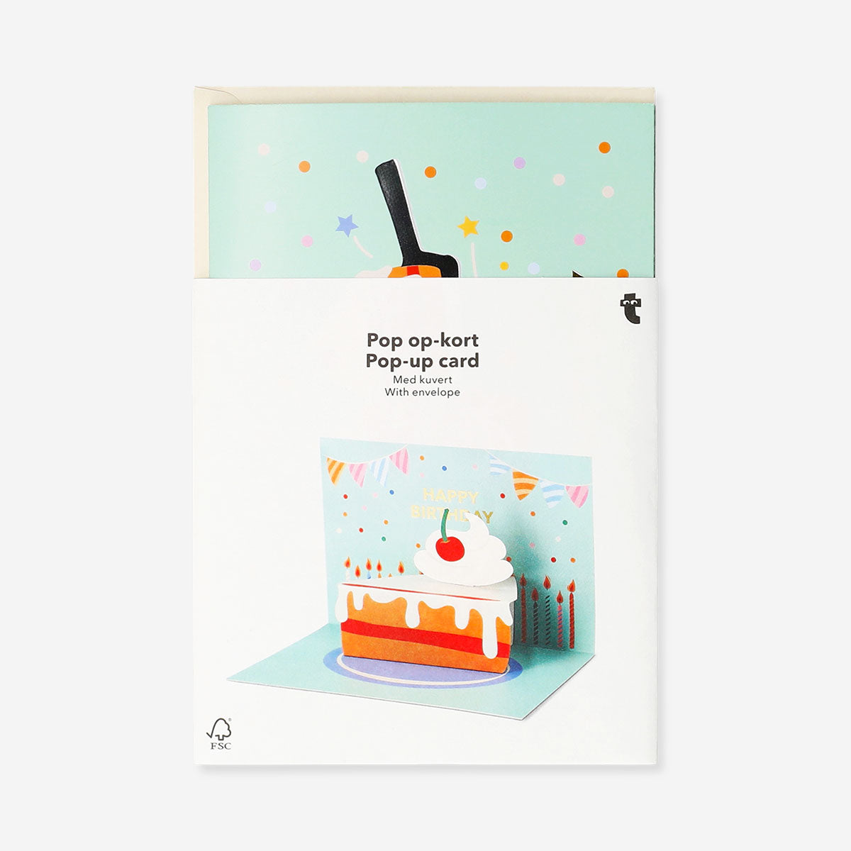 Flying Tiger Copenhagen birthday card with a pop-up slice of cake design, featuring colorful, festive office-themed artwork.