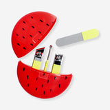 Flying Tiger Copenhagen watermelon manicure and pedicure set with 4 personal care tools, featuring vibrant watermelon design.