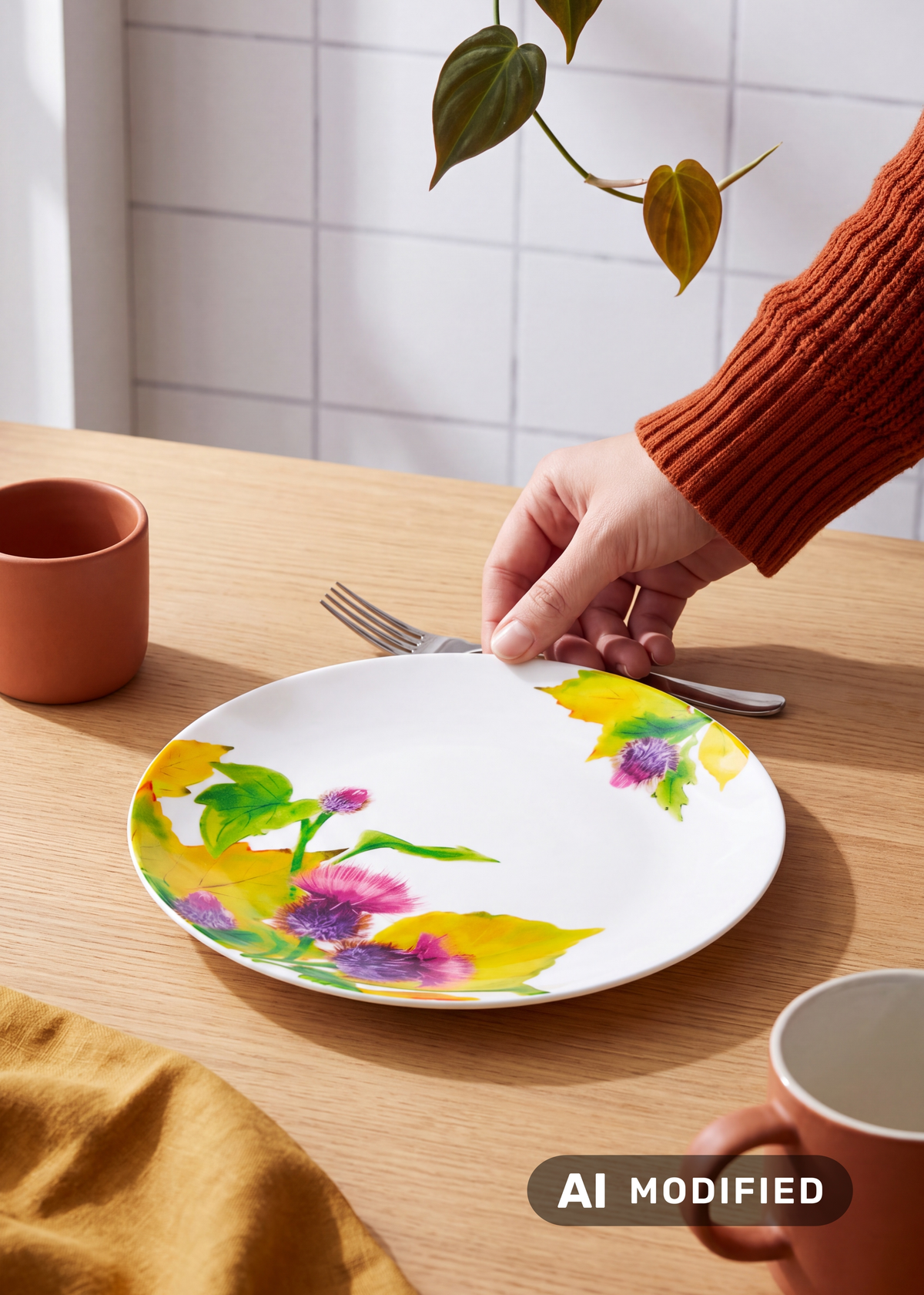 Flying Tiger Copenhagen 21cm autumn print kitchen plate with colorful fall leaf design on ceramic surface.