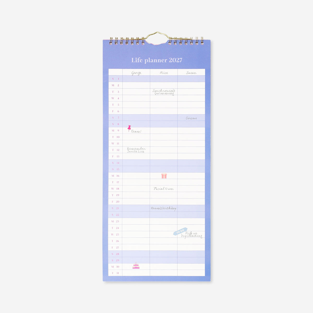 Blue hanging monthly calendar for 2027, office desk accessory by Flying Tiger Copenhagen, featuring a clean, organized design.