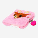 Flying Tiger Copenhagen plush reindeer diary with lock, soft fabric cover, and whimsical reindeer design for office use.