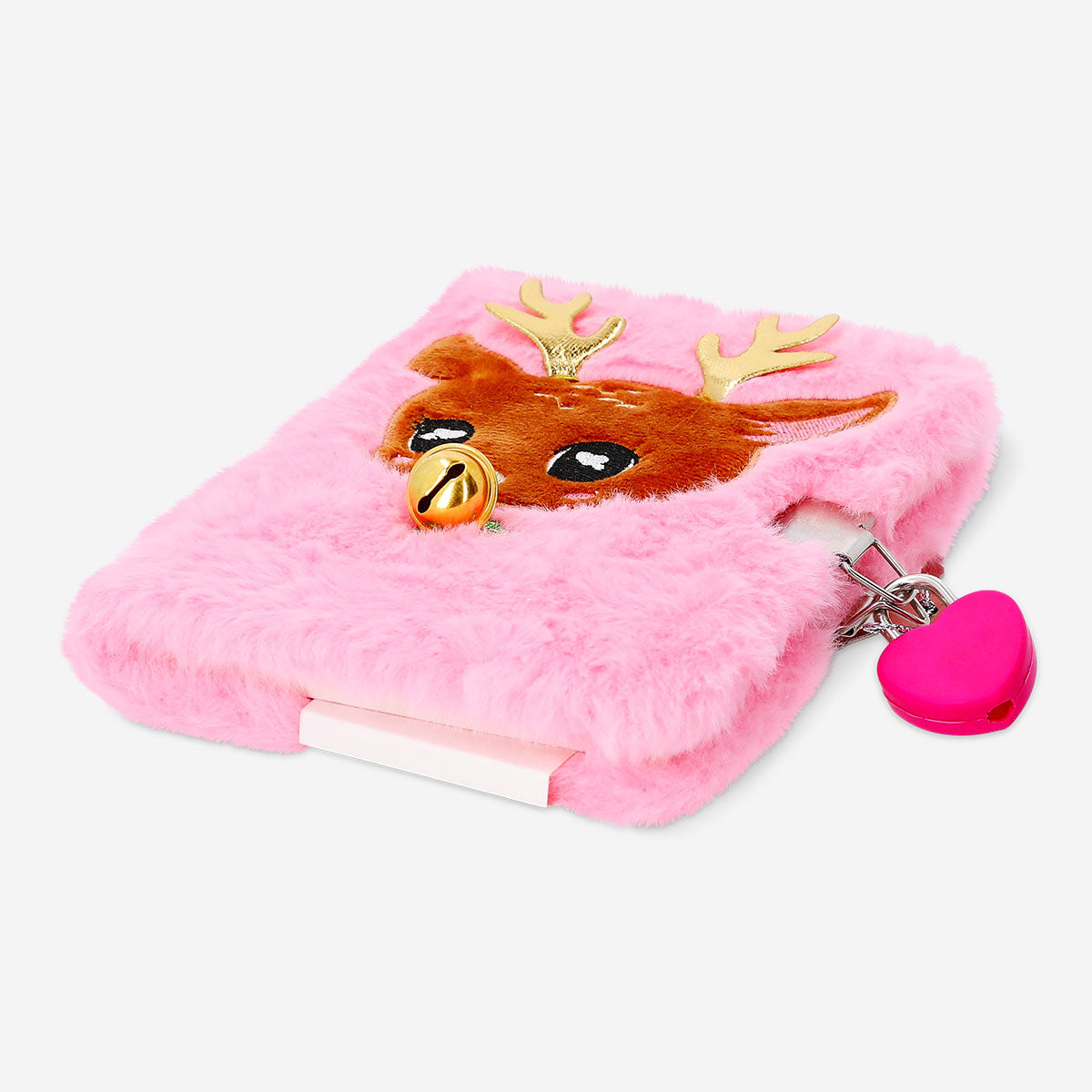 Flying Tiger Copenhagen plush reindeer diary with lock, soft fabric cover, and whimsical reindeer design for office use.