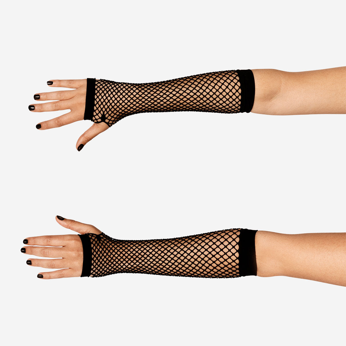 Black fishnet gloves from Flying Tiger Copenhagen, one size, showing the textured fishnet fabric and fitted design.
