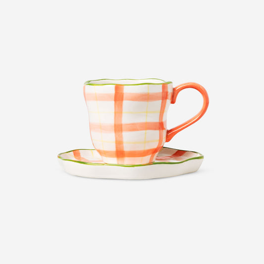 Mug à motif damier peint à la main avec soucoupe - 200 ml