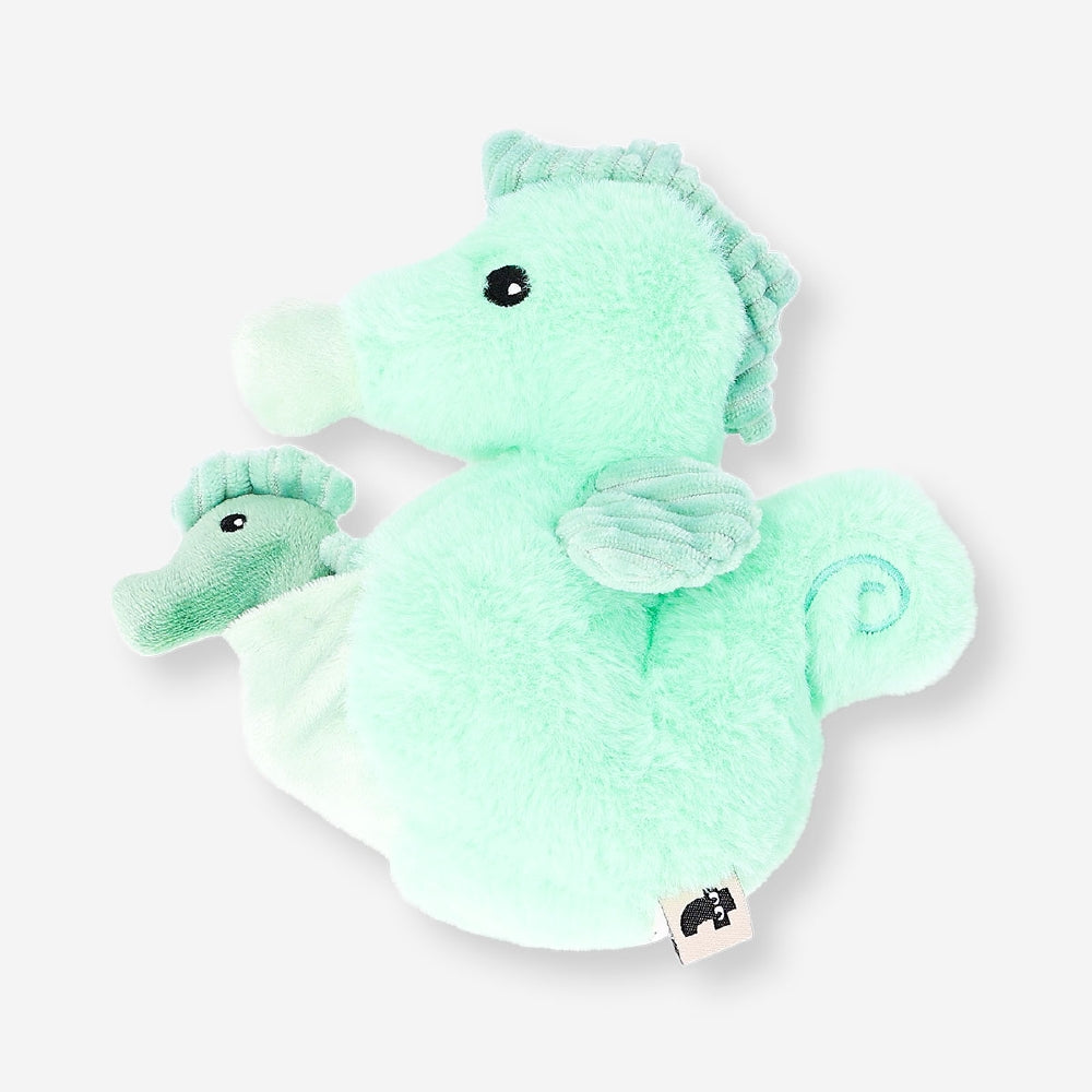 Colorful plush seahorse toy with a small fry, soft and cuddly, by Flying Tiger Copenhagen, perfect for children.