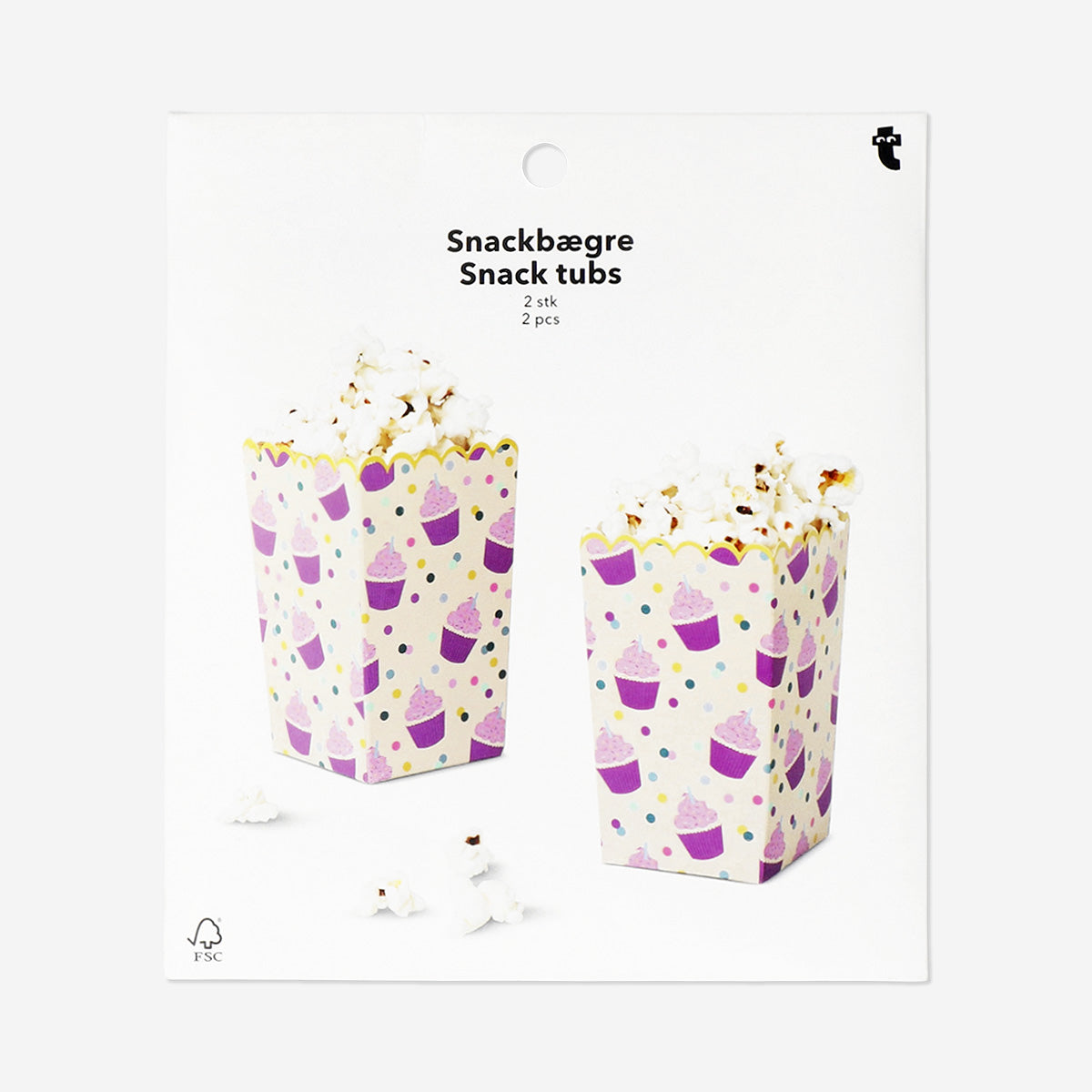 Two colorful paper snack tubs for parties by Flying Tiger Copenhagen, perfect for serving snacks at gatherings.