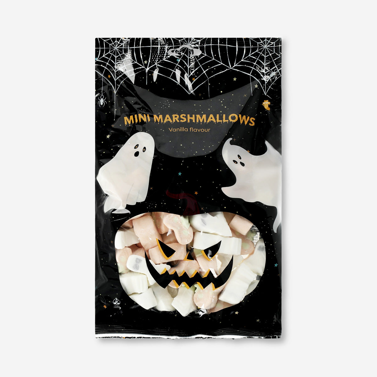 Assorted vanilla-flavored marshmallow pumpkins and ghosts from Flying Tiger Copenhagen on a white background.
