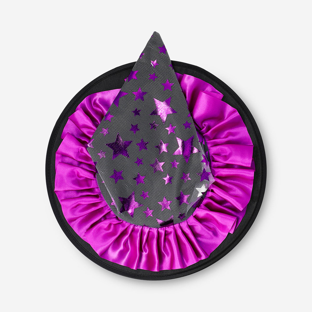 Kids' witch's party hat from Flying Tiger Copenhagen, featuring a classic black design with a pointed tip and decorative buckle.