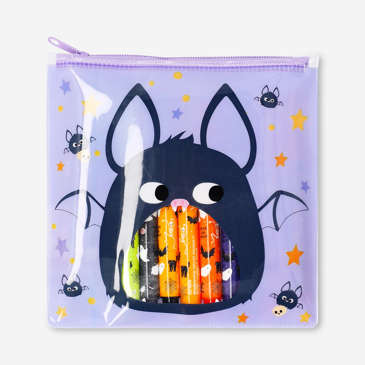 Set of 12 Halloween-themed office markers by Flying Tiger Copenhagen with orange, black, and purple ink for seasonal decorating.