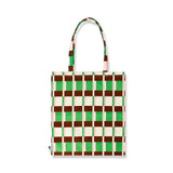 Multi-colored striped textile tote bag by Flying Tiger Copenhagen with sturdy handles and vibrant pattern.