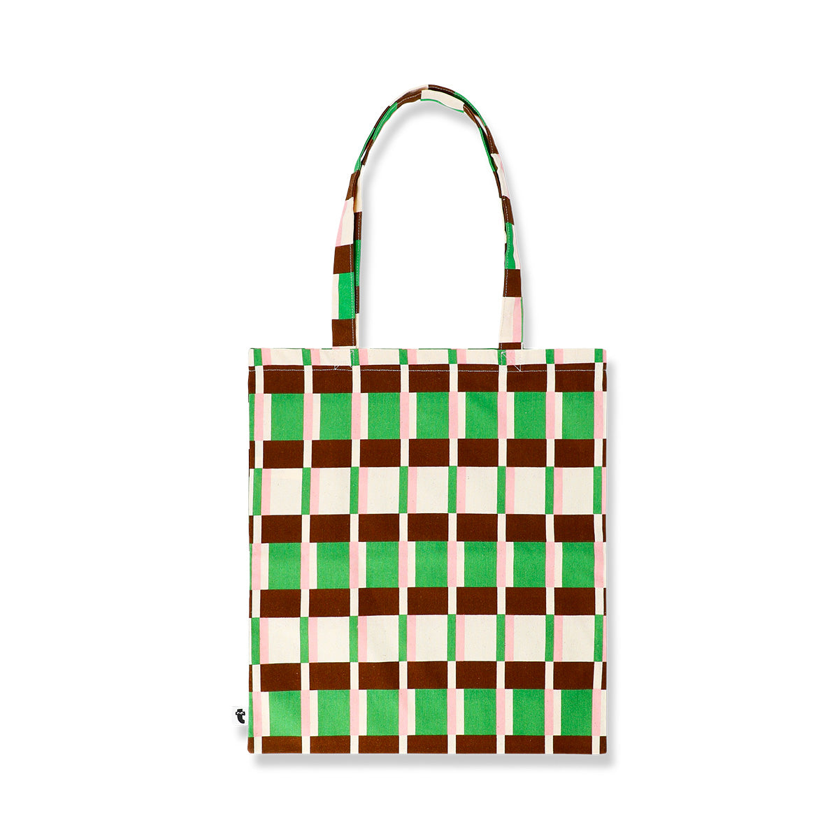 Multi-colored striped textile tote bag by Flying Tiger Copenhagen with sturdy handles and vibrant pattern.