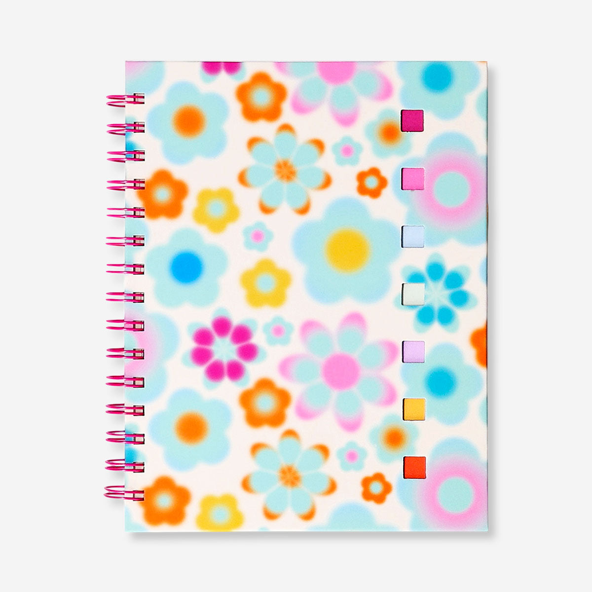 Flying Tiger Copenhagen floral office notebook with page markers and pen, featuring colorful floral cover and organized writing space.
