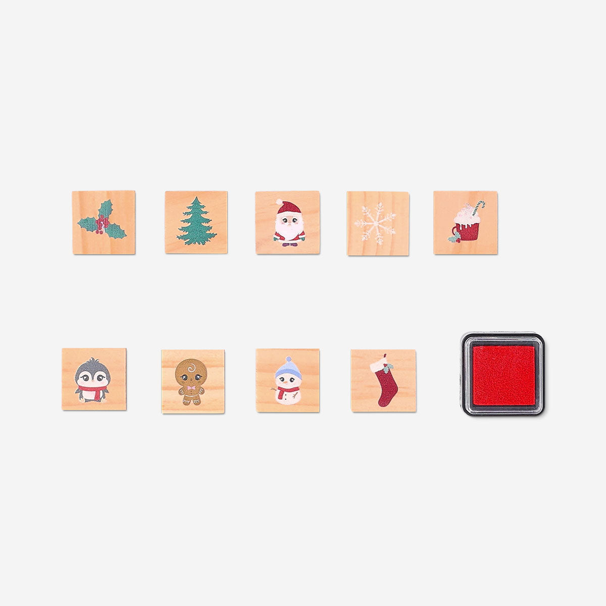 Set of nine Christmas-themed hobby stamps by Flying Tiger Copenhagen featuring festive designs on rubber stamps.
