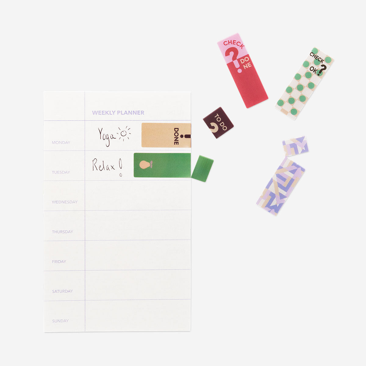 Set of 8 Flying Tiger Copenhagen office tab dividers with colorful fun prints and pull-off mechanism for organizing files.