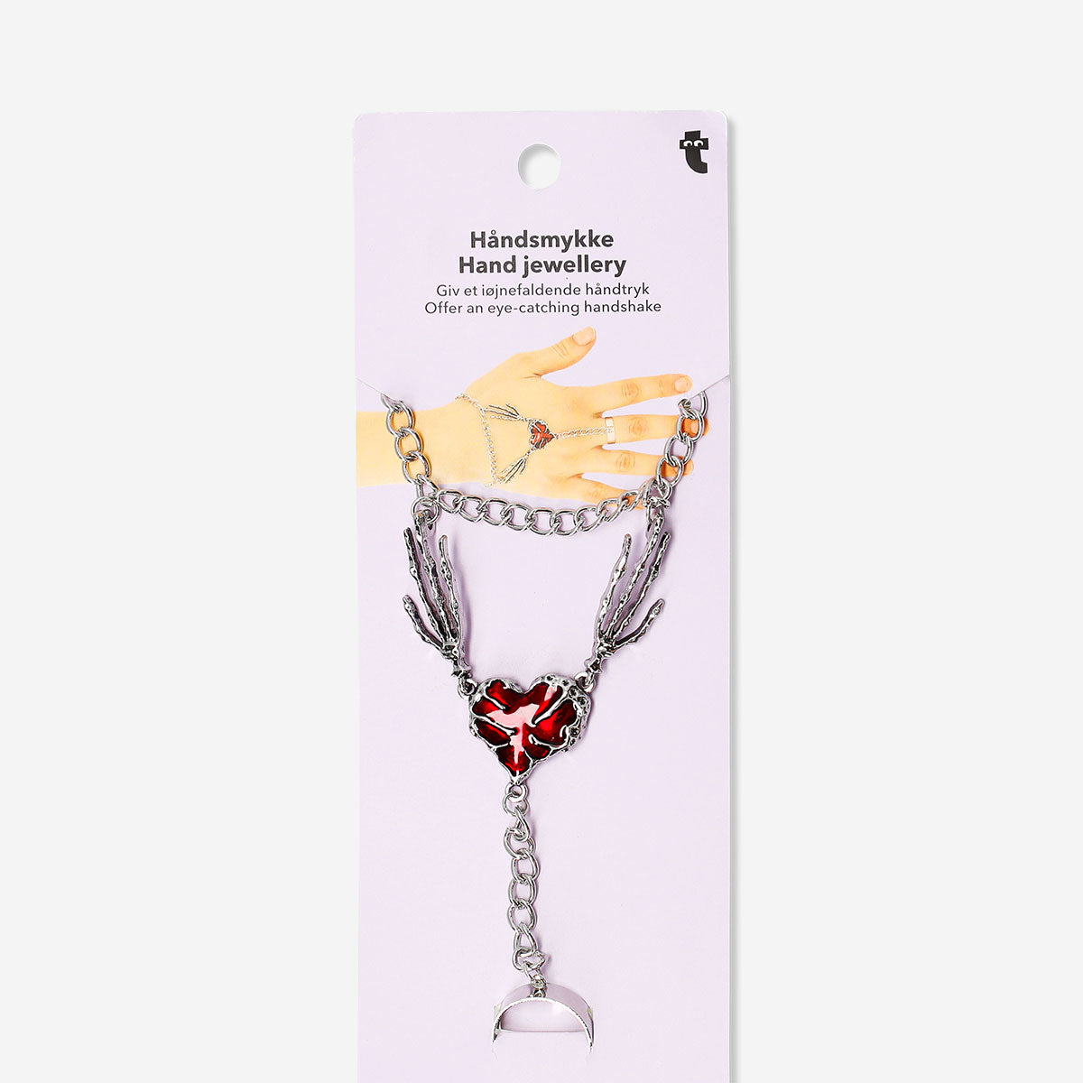 Silver textile hand jewelry with a red heart detail, stylish accessory featuring intricate design and vibrant color accents.