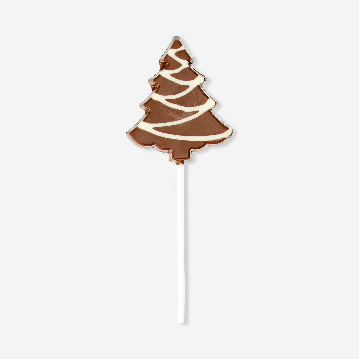 Flying Tiger Copenhagen cocoa confectionery lollipop shaped like a Christmas tree, colorful and festive holiday treat.