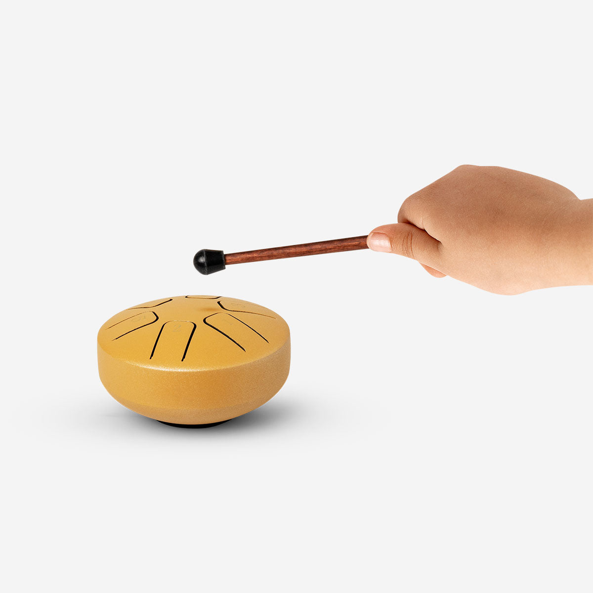 Gold sensory drum toy by Flying Tiger Copenhagen, featuring textured surface and vibrant design for tactile play.