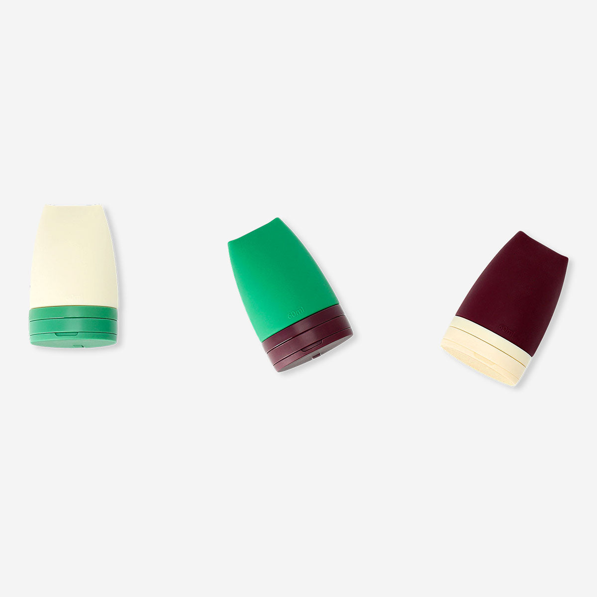 Set of three silicone travel bottles from Flying Tiger Copenhagen, lightweight and leak-proof for leisure trips.