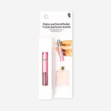 Pink refillable travel perfume bottle with 8 ml capacity, designed for easy carrying and leisure use, by Flying Tiger Copenhagen.