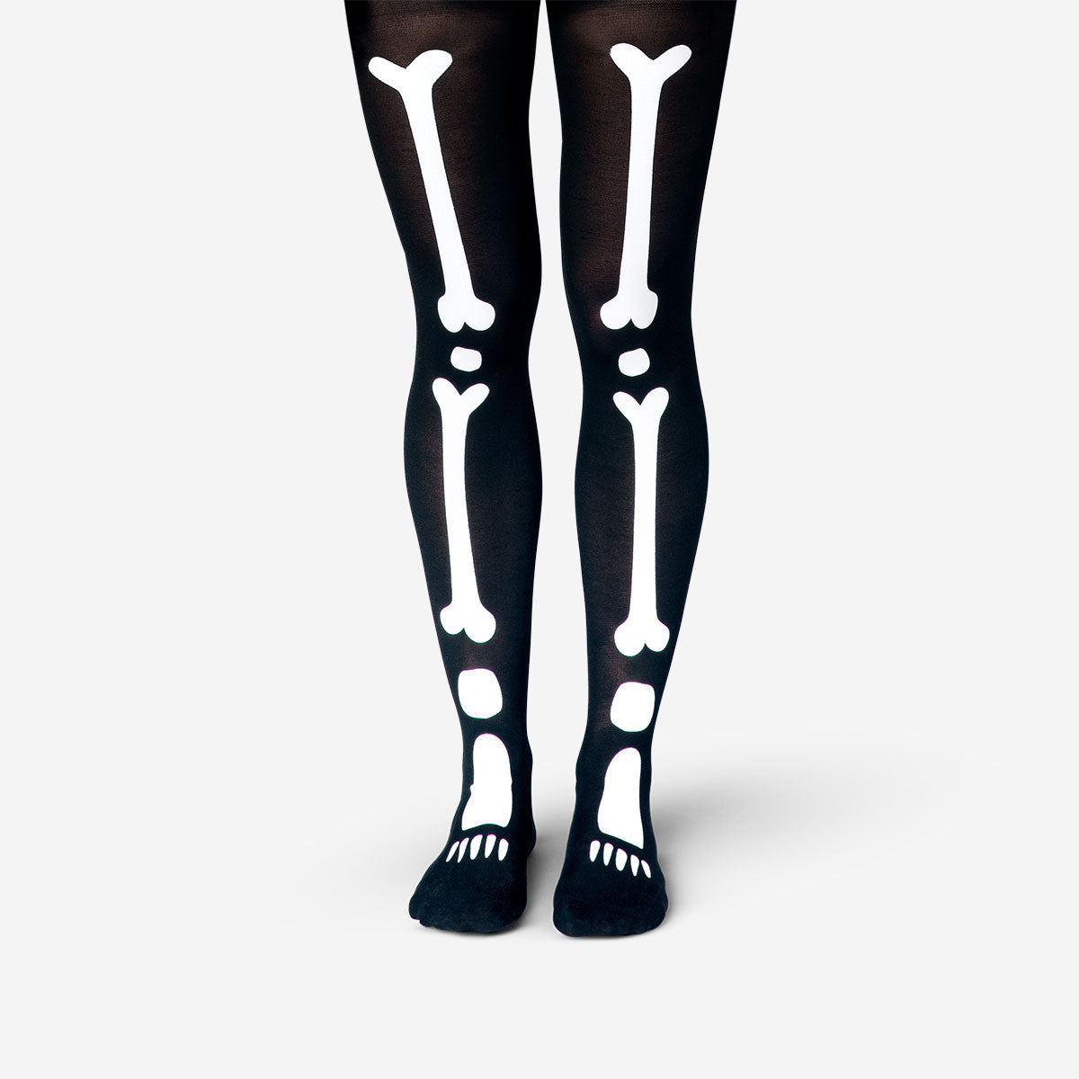 Adult skeleton tights by Flying Tiger Copenhagen featuring black textile with white bone print for Halloween costumes.