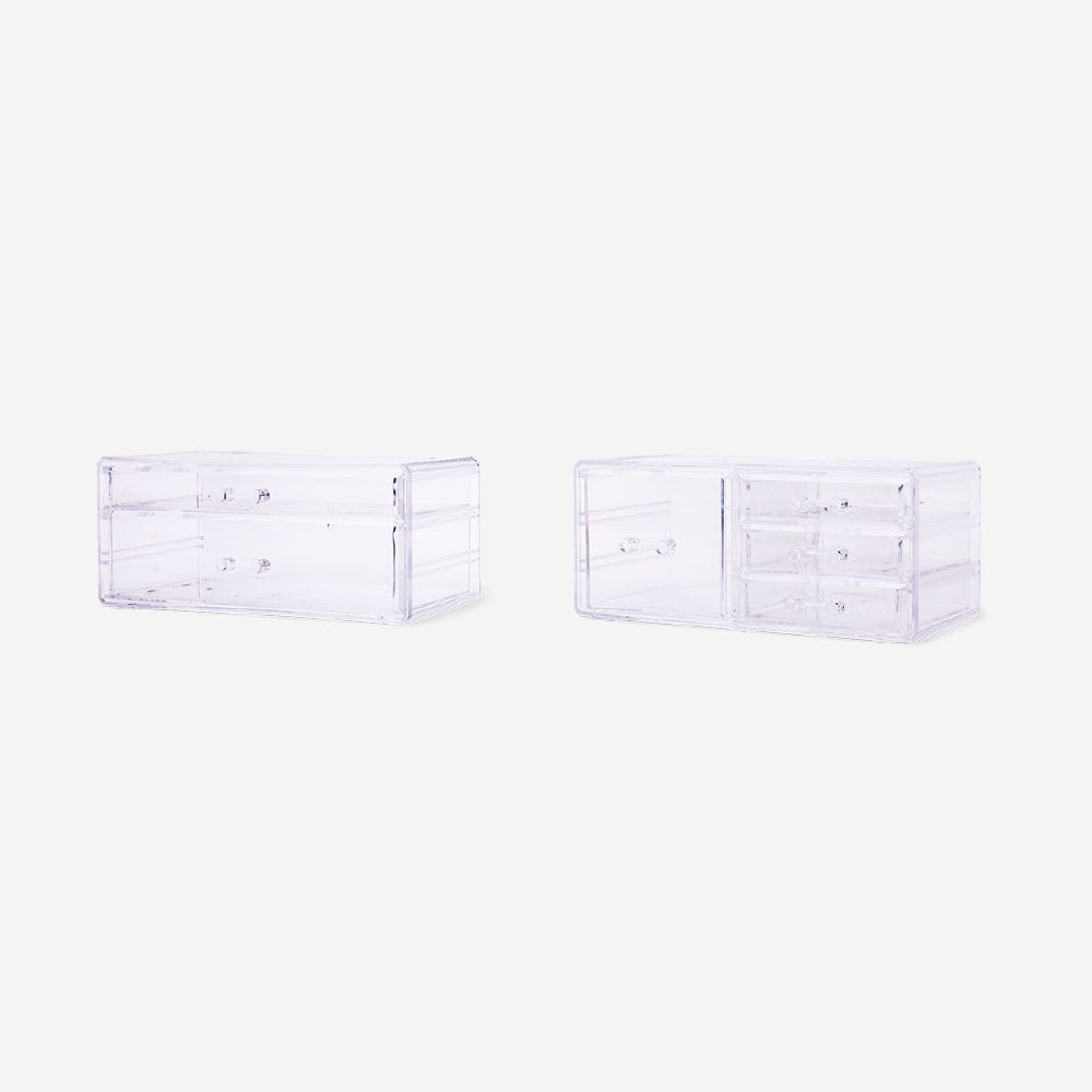 Clear cosmetic organiser from Flying Tiger Copenhagen, measuring 21.5x24 cm, with multiple compartments for personal care items.