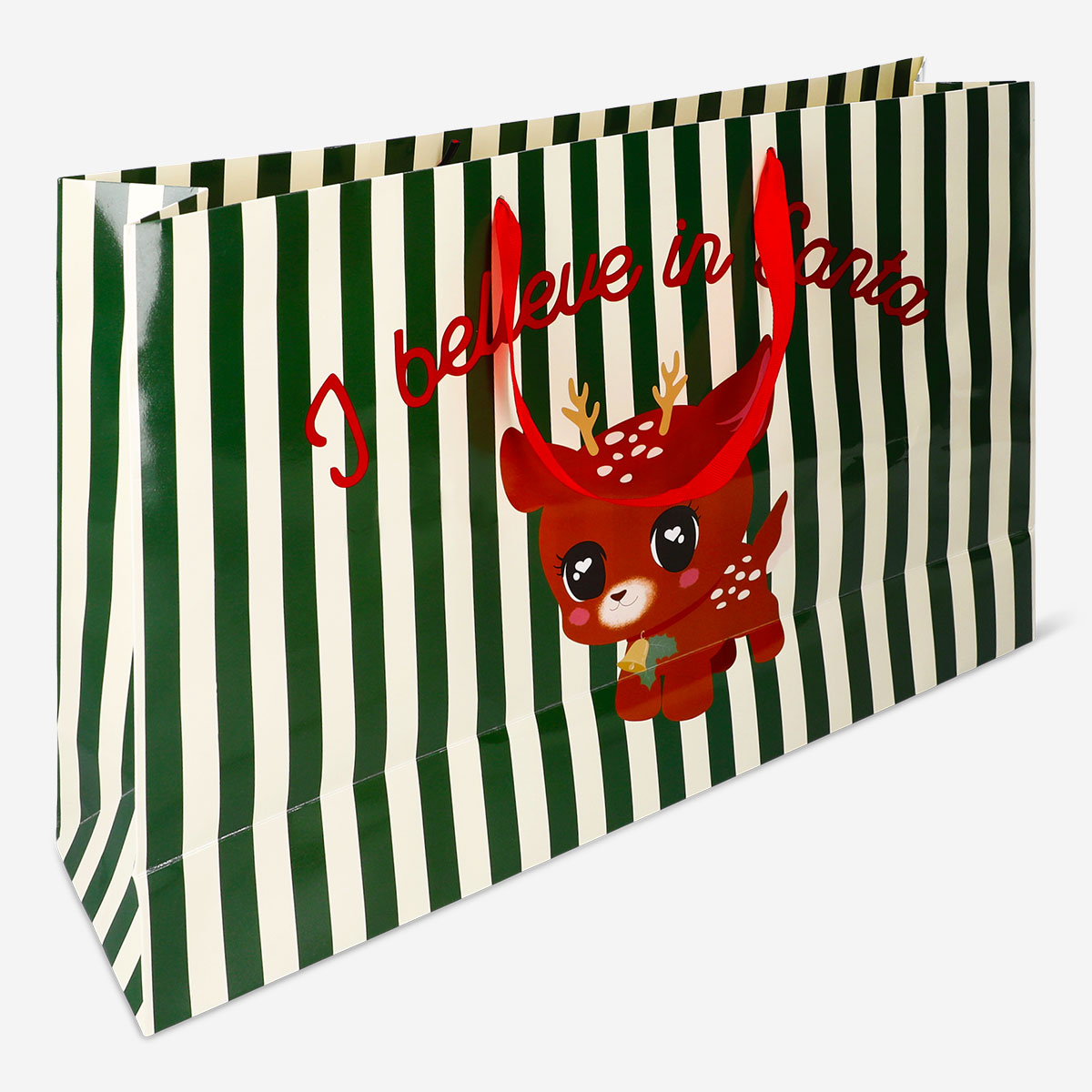 Office gift bag featuring a deer design from Flying Tiger Copenhagen, measuring 30x45 cm, with festive and decorative details.