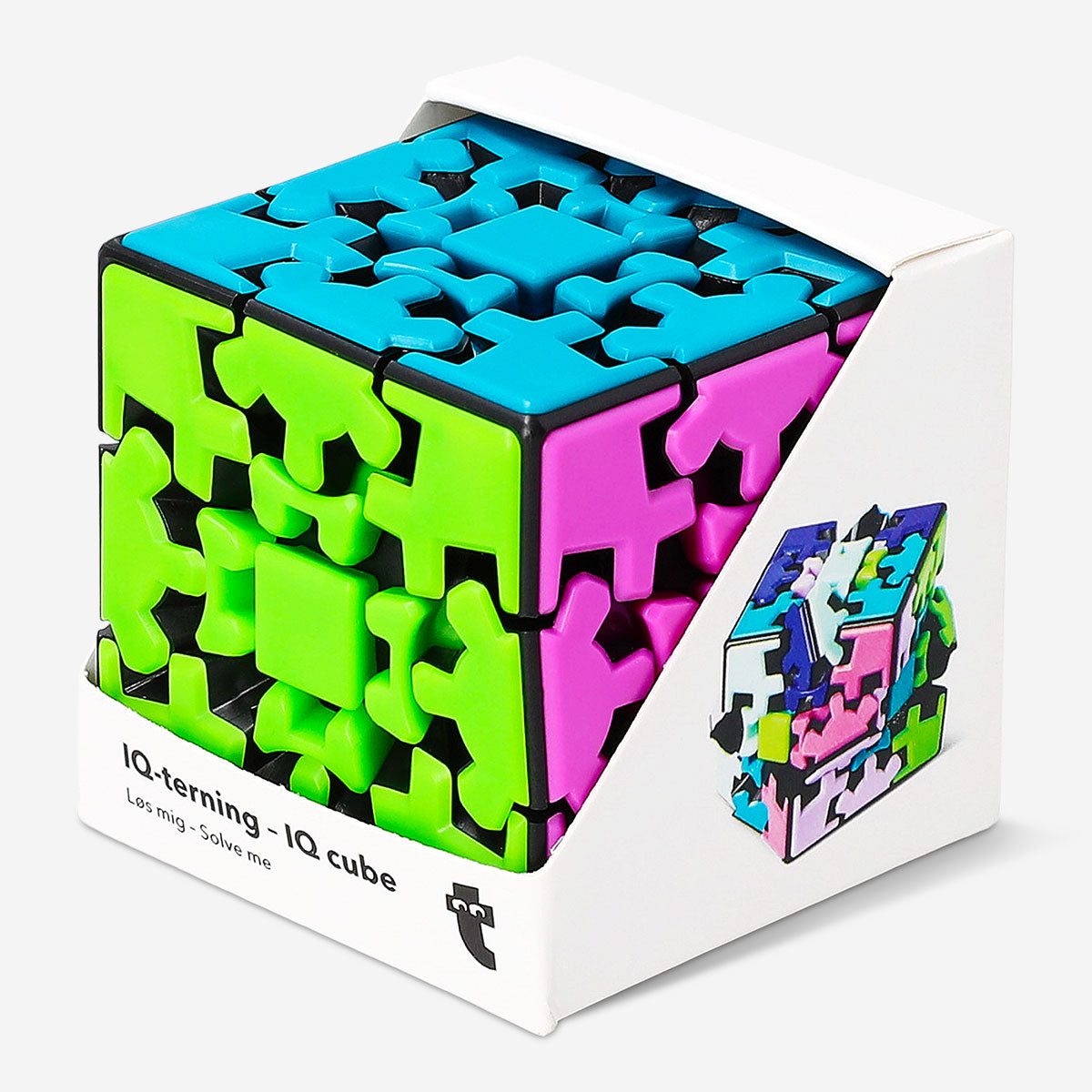 Flying Tiger Copenhagen 2-in-1 IQ cube game with colorful interconnected puzzle pieces on a white background.