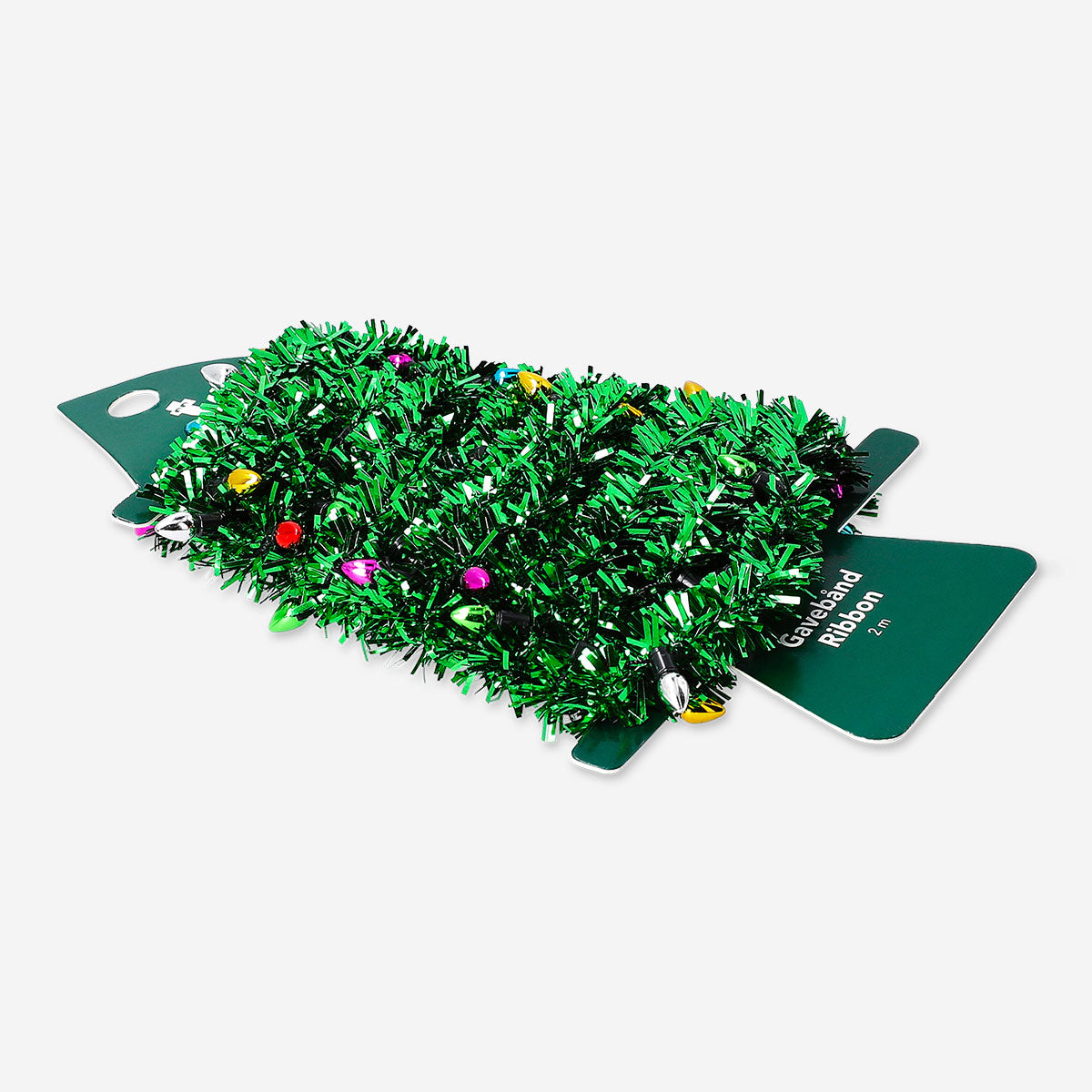 Green tinsel ribbon from Flying Tiger Copenhagen, 2 meters long, with shiny, festive tinsel strands ideal for office decoration.