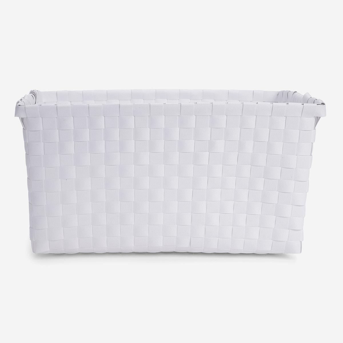 White braided plastic storage basket for home use, lightweight and durable, ideal for organizing household essentials.