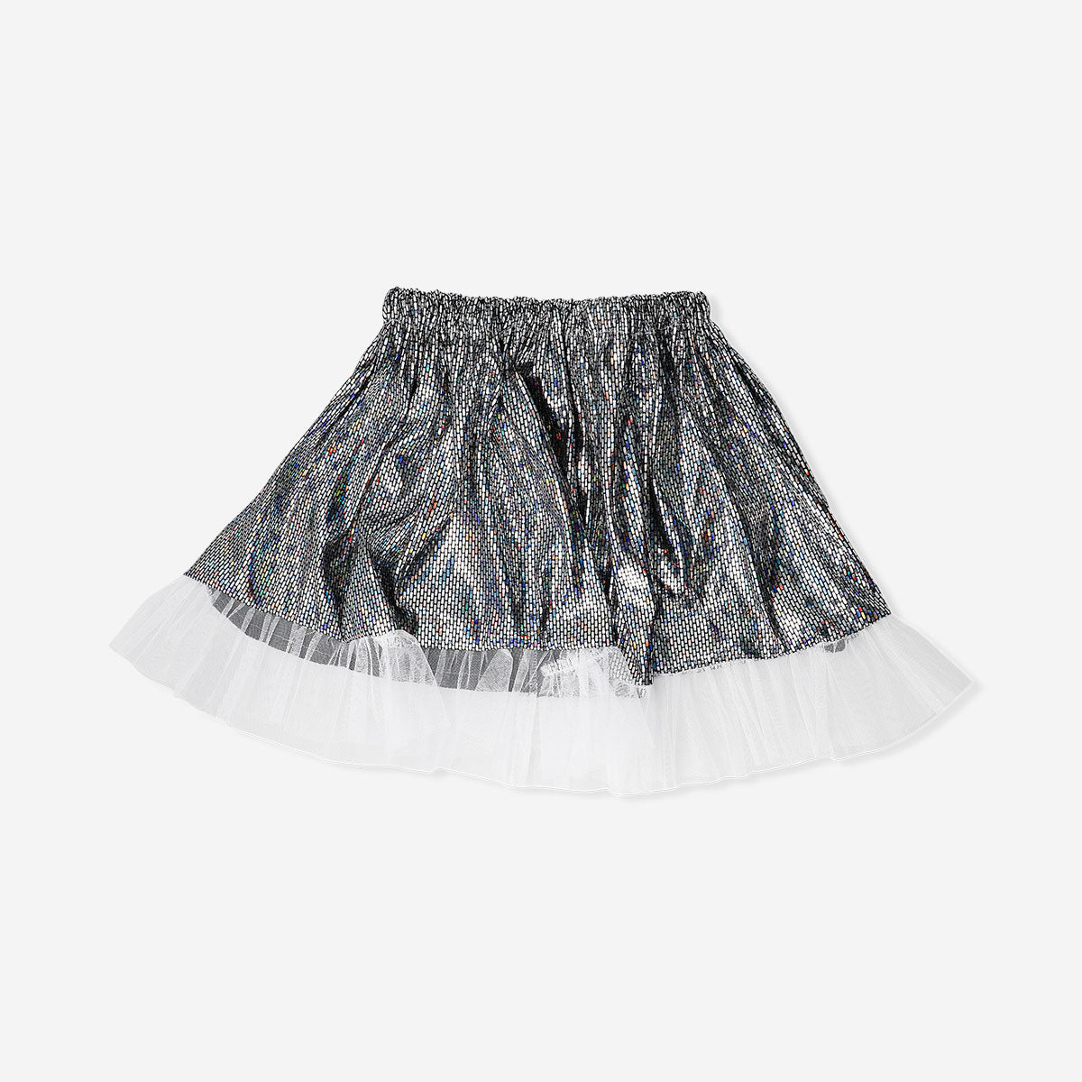 Cute silver metallic effect party skirt for girls aged 4 to 8 years by Flying Tiger Copenhagen, showcasing shiny fabric and playful style.