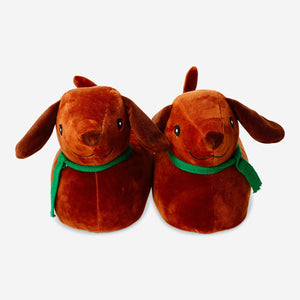 Textile sausage dog slippers in size 38/39 by Flying Tiger Copenhagen, featuring detailed dog design with floppy ears.