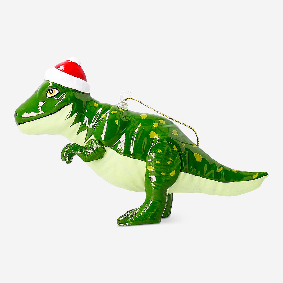Flying Tiger Copenhagen dinosaur home decor figurine with a Santa hat, festive holiday ornament with colorful details.