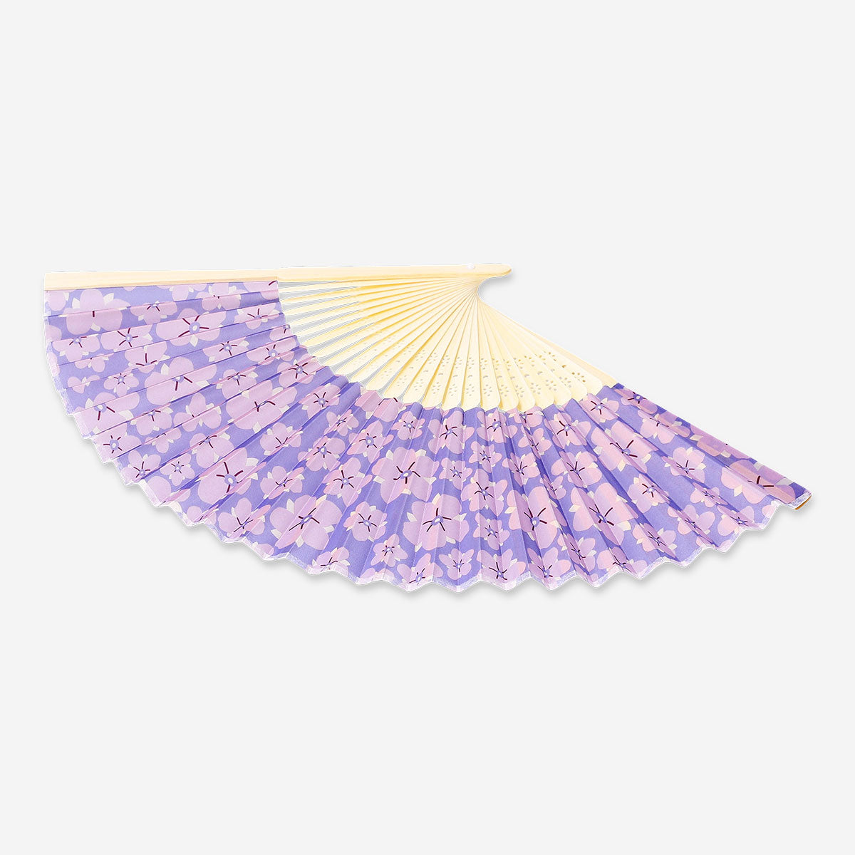 Flying Tiger Copenhagen foldable bamboo fan with purple floral textile design, featuring a lightweight, portable hand-held fan.