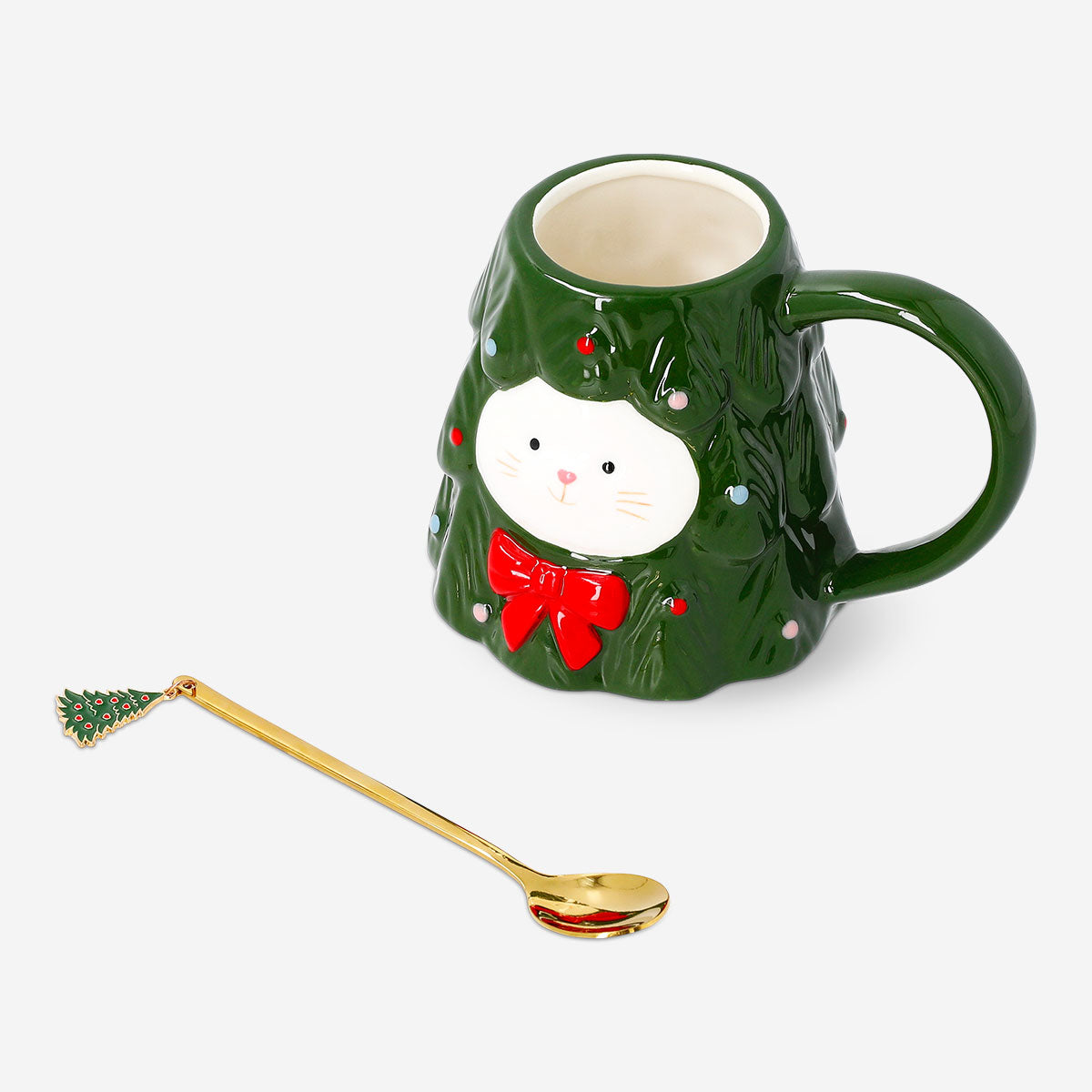 Cat in Christmas tree mug with spoon - 330 ml