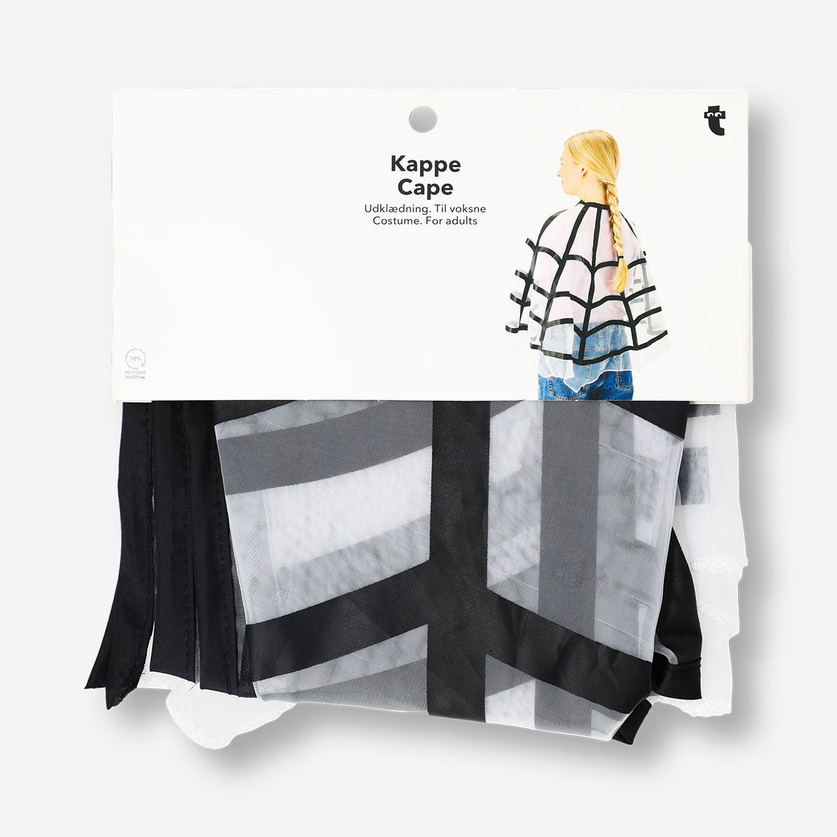 Adult Spiderweb costume cape for parties, black with web pattern, from Flying Tiger Copenhagen, perfect for Halloween or themed events.