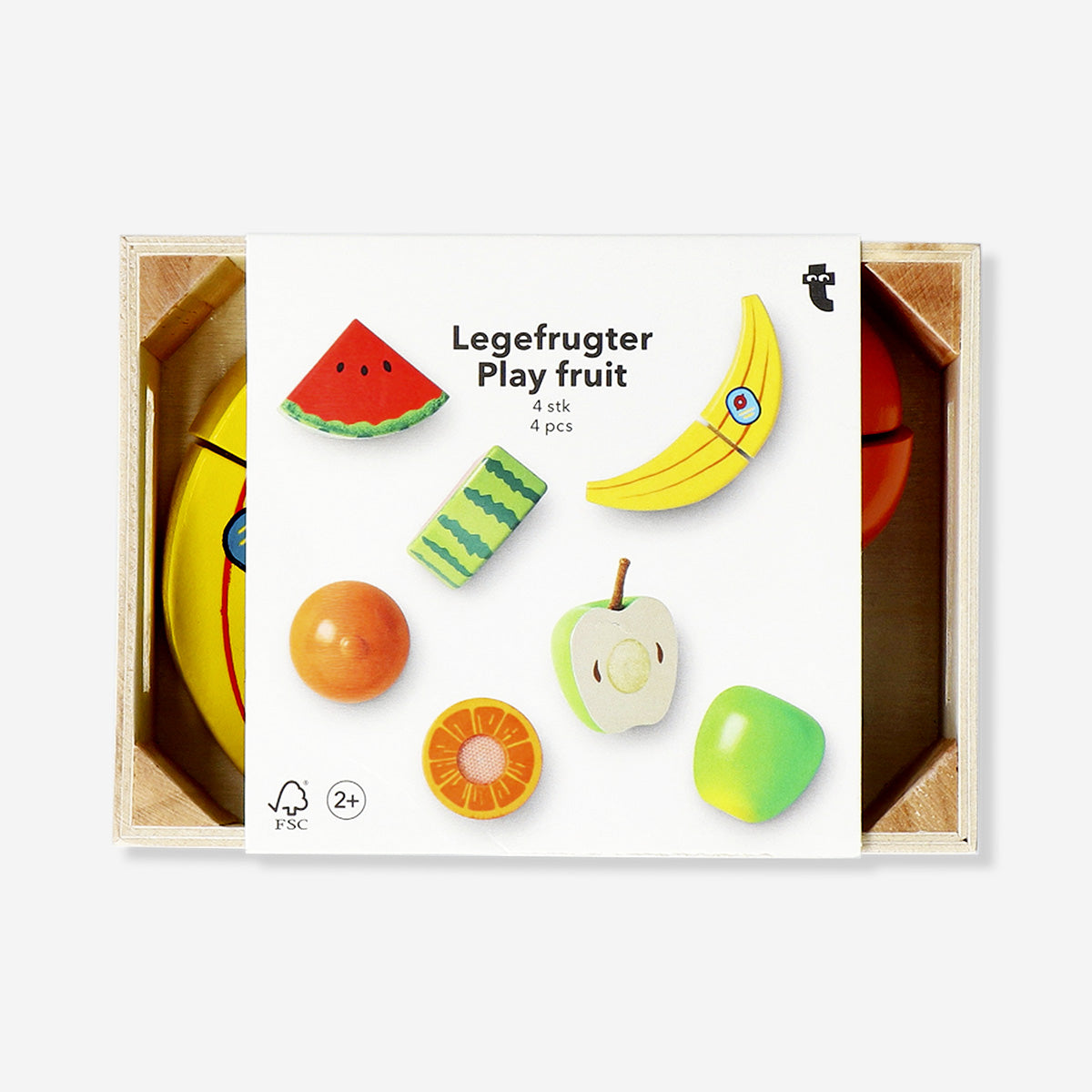 Wooden fruit toy playset with colorful wooden apples, bananas, and oranges from Flying Tiger Copenhagen.