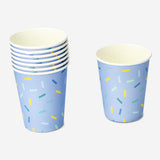 Set of 8 blue confetti paper cups for party use, from Flying Tiger Copenhagen, featuring colorful confetti design.