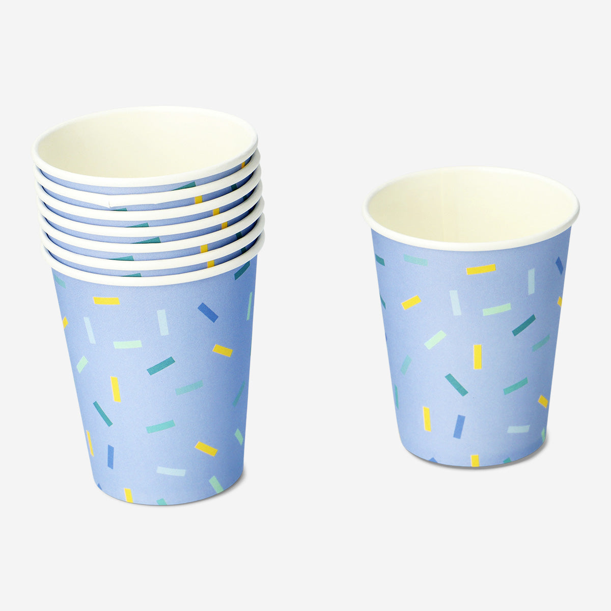 Set of 8 blue confetti paper cups for party use, from Flying Tiger Copenhagen, featuring colorful confetti design.