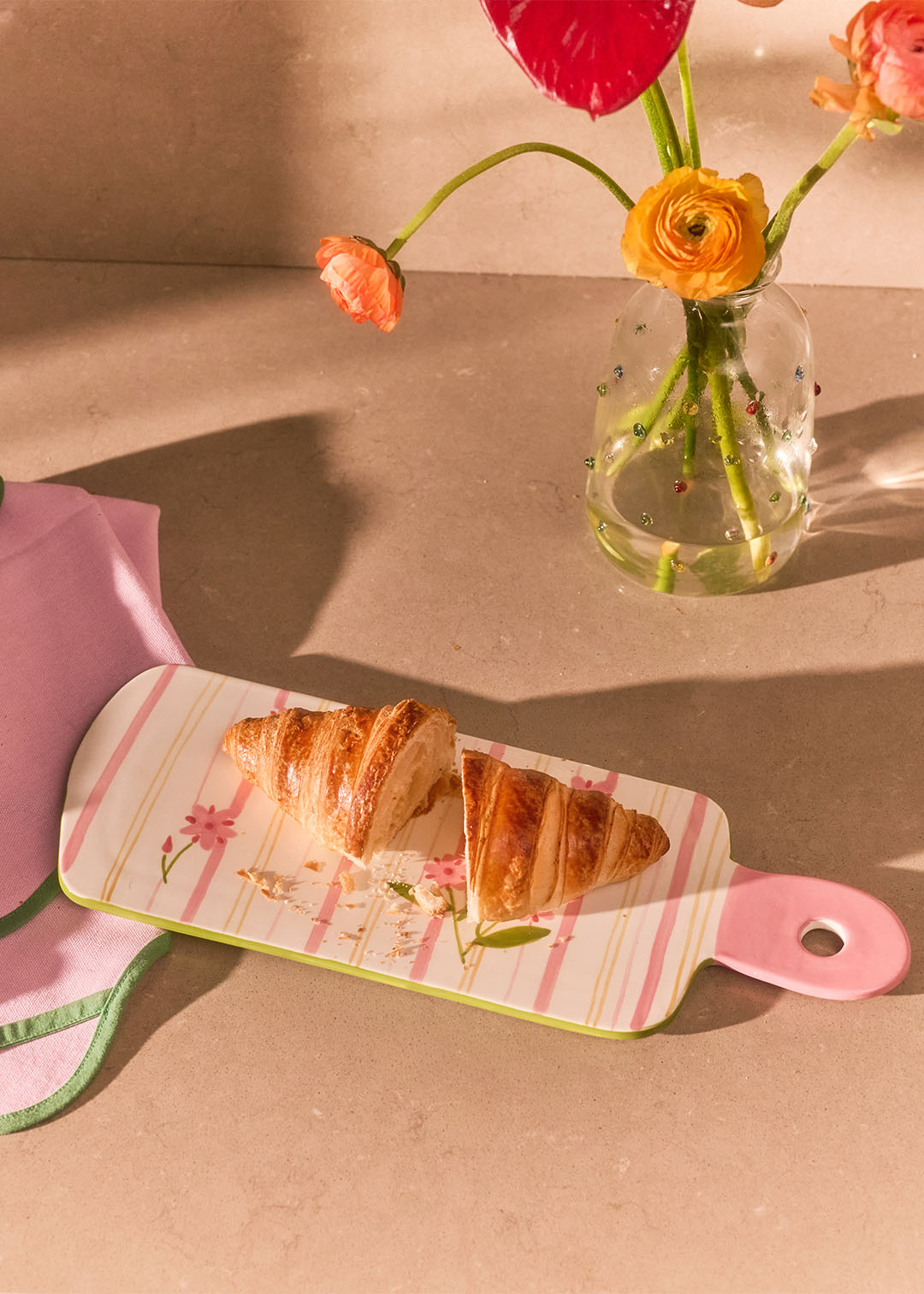 Ceramic tapas tray with hand-painted stripes and flower design, 35 cm, from Flying Tiger Copenhagen, ideal for serving small dishes.