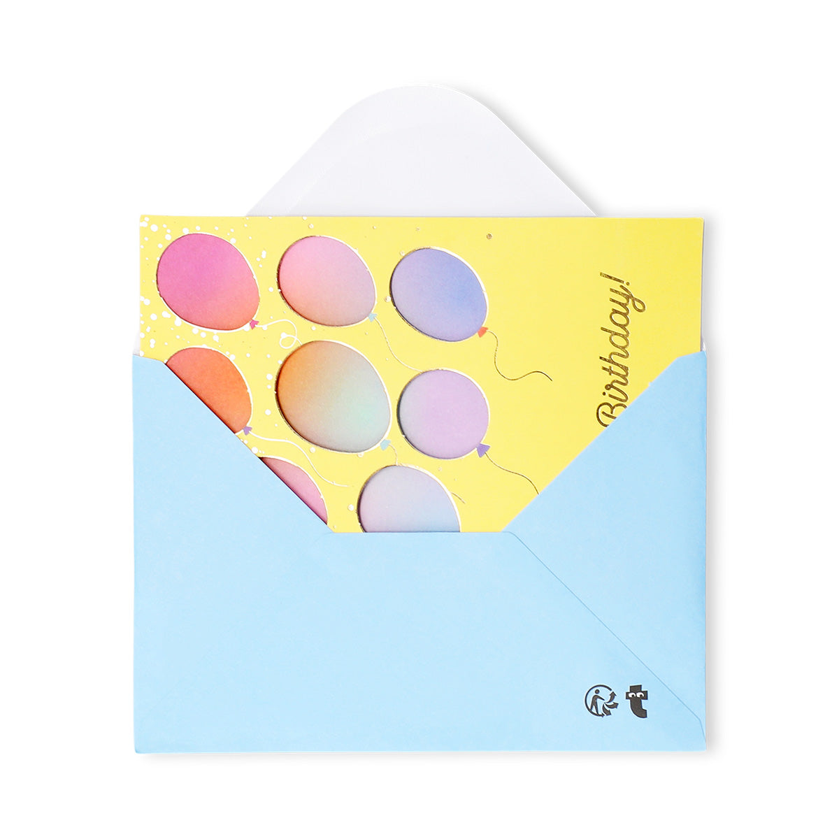 Office birthday card featuring colorful flying balloons design from Flying Tiger Copenhagen, with cheerful illustrations inside.